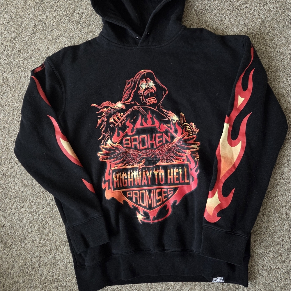 Broken Promises‎ Grim Reaper Highway to Hell Black Hoodie Sweatshirt Sz M